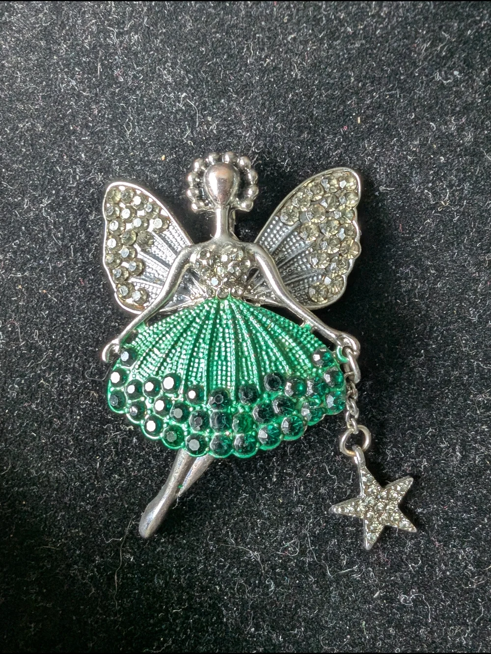Silver Fairy Brooch with Green Crystal Skirt - #44